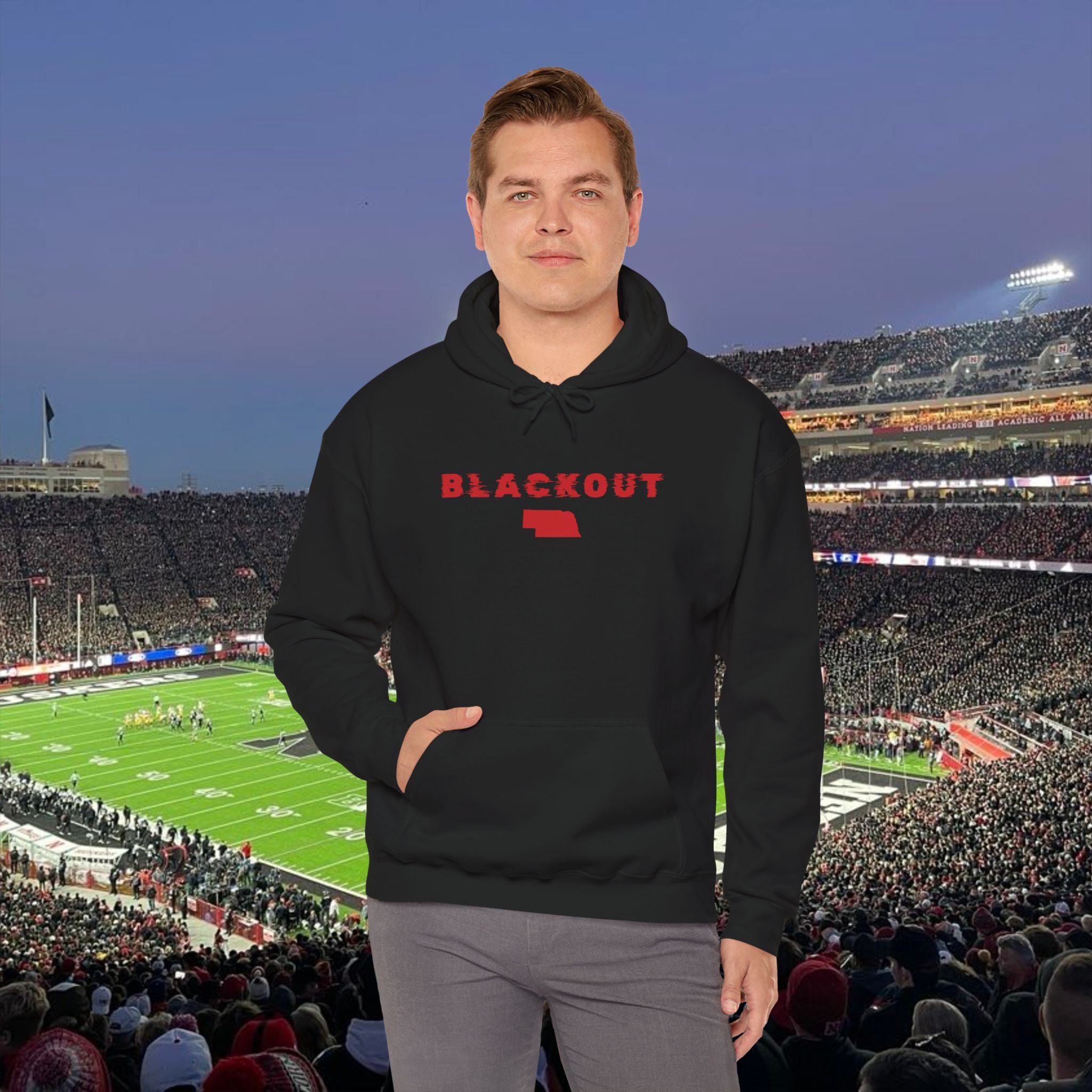 Blackout Nebraska Hoodie — Minimal Red State Outline Pullover