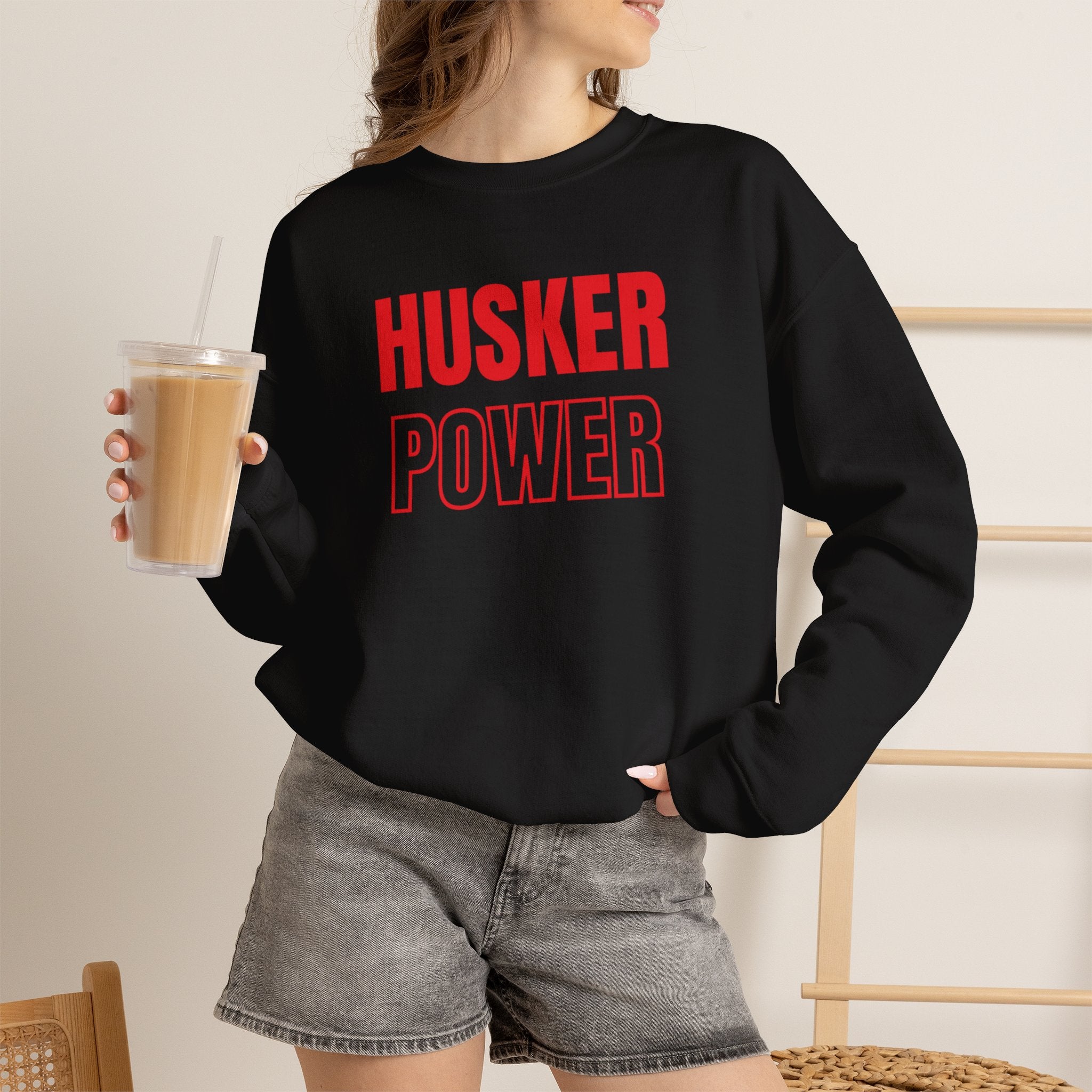 Crewneck Sweatshirt — "HUSKER POWER" Bold Red College Football Fan Pullover
