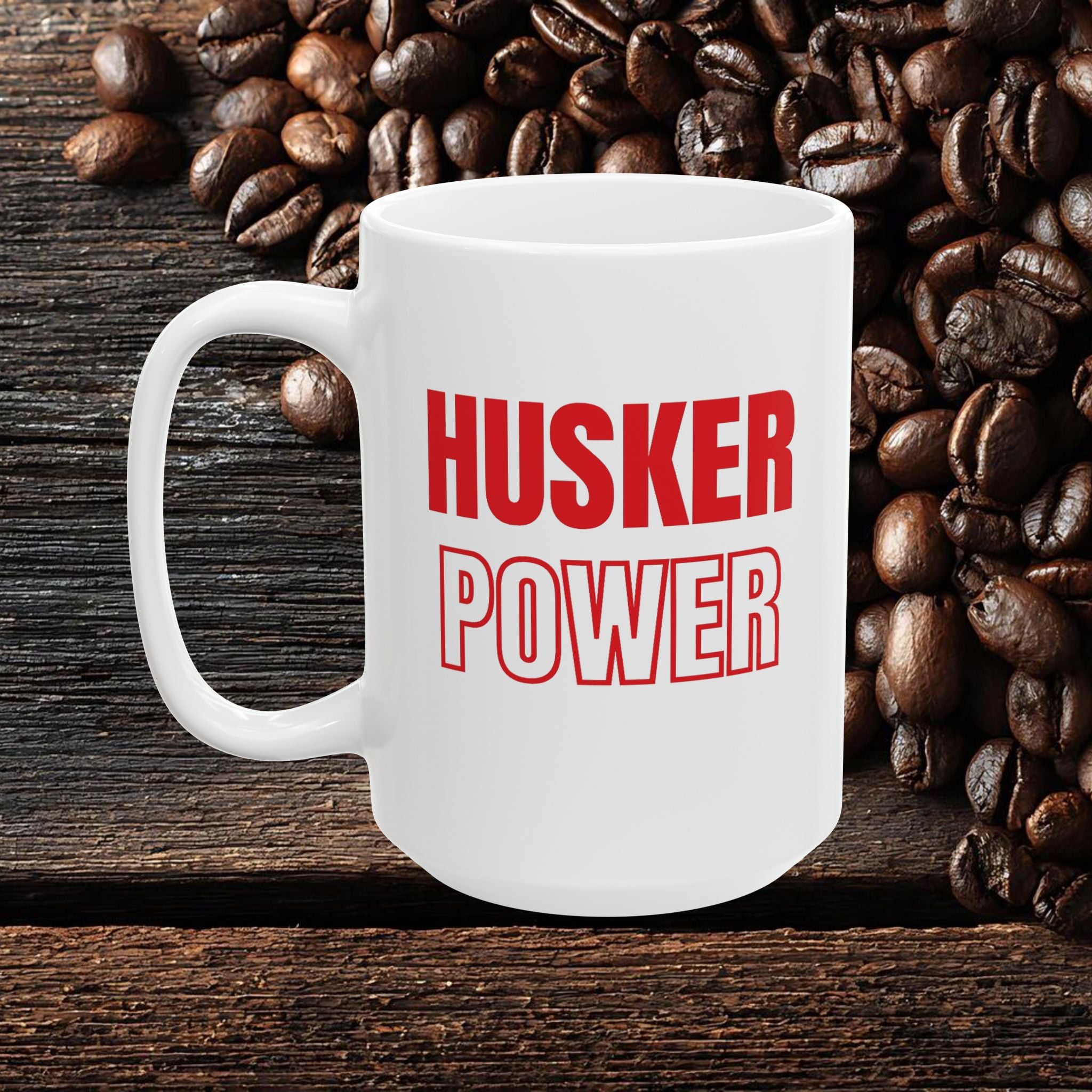 Coffee Mug — "Husker Power" Bold Red Typography Ceramic Mug (11oz & 15oz)
