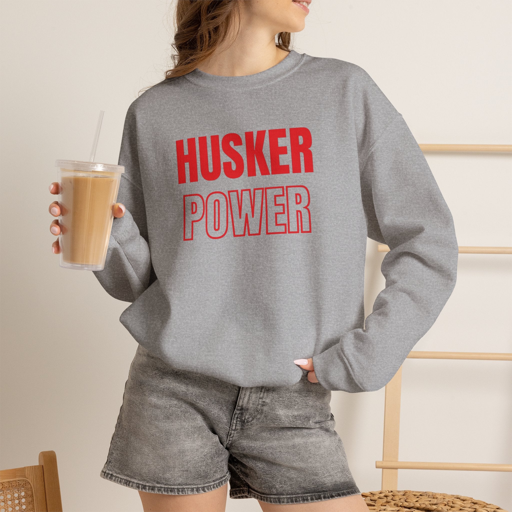Crewneck Sweatshirt — "HUSKER POWER" Bold Red College Football Fan Pullover