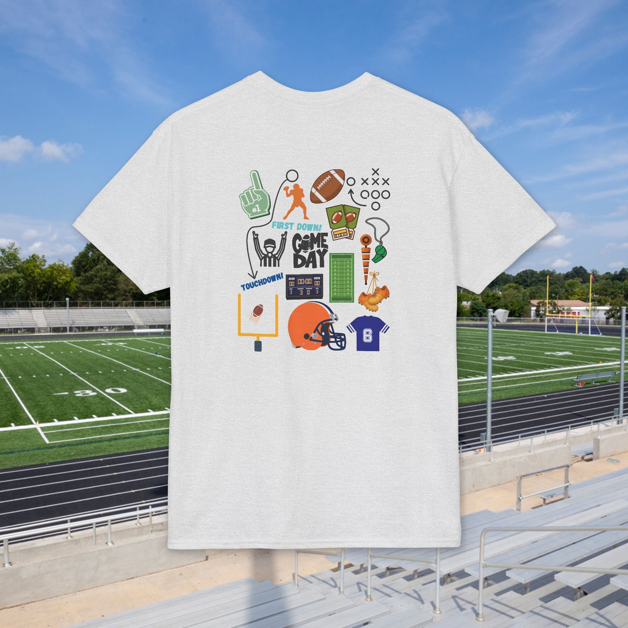 Football Icons Graphic T-Shirt — Back Collage, Front 'Football Fan' Chest Logo
