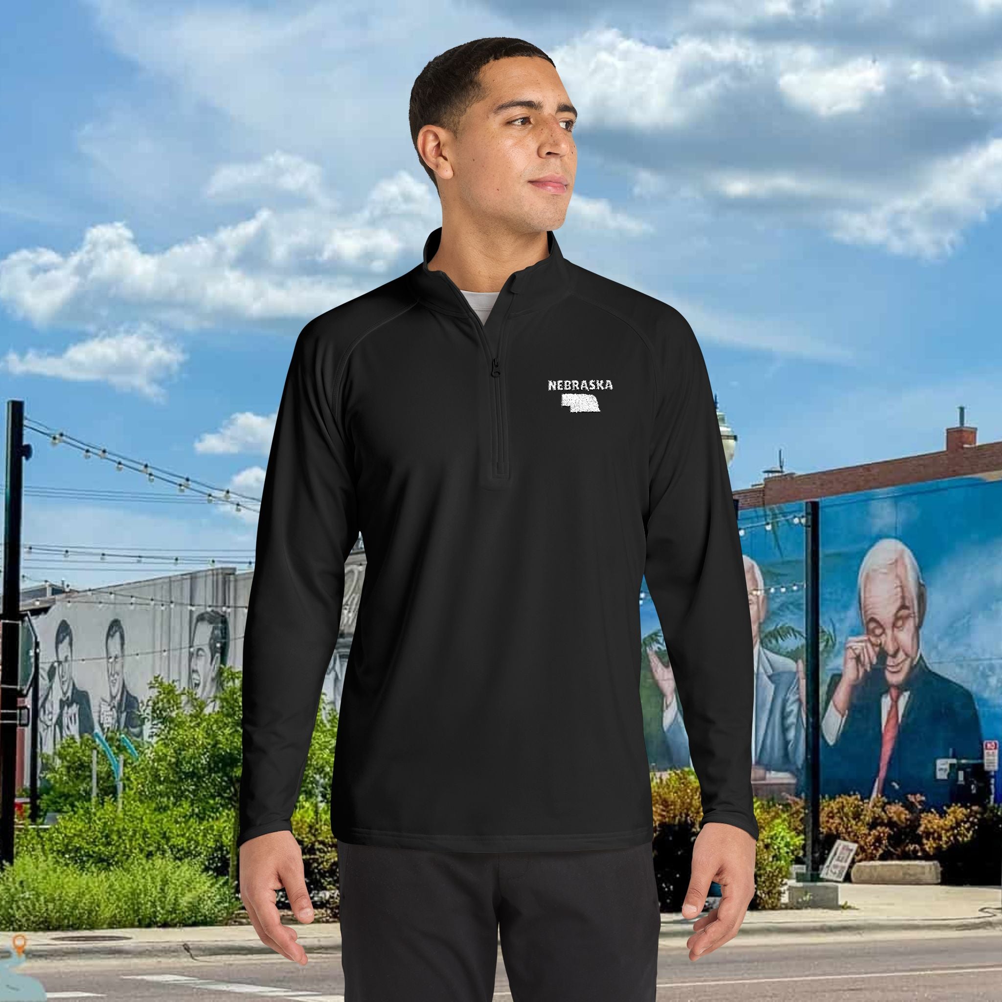 Nebraska State Outline Embroidered Quarter-Zip Pullover - Men's Sport-Wick