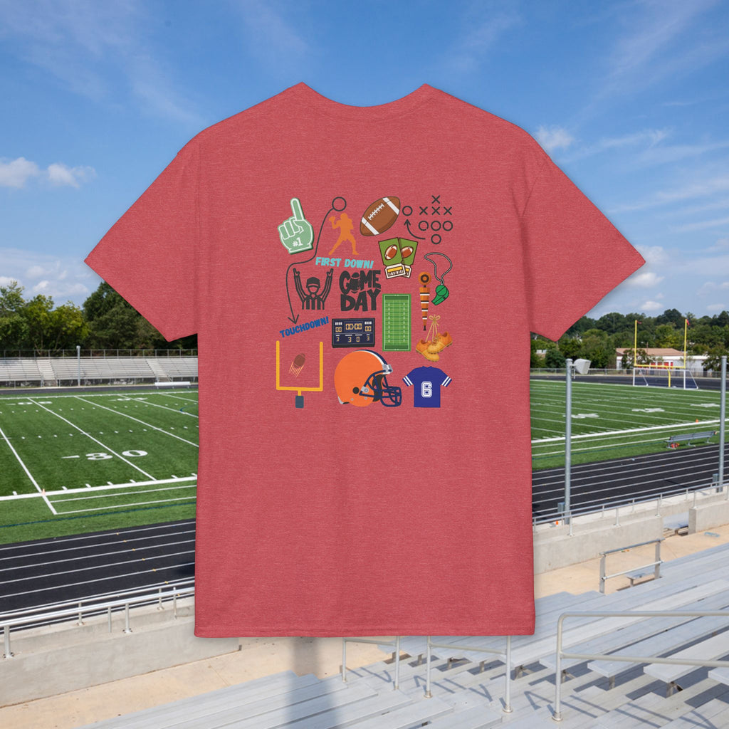 Football Icons Graphic T-Shirt — Back Collage, Front 'Football Fan' Chest Logo