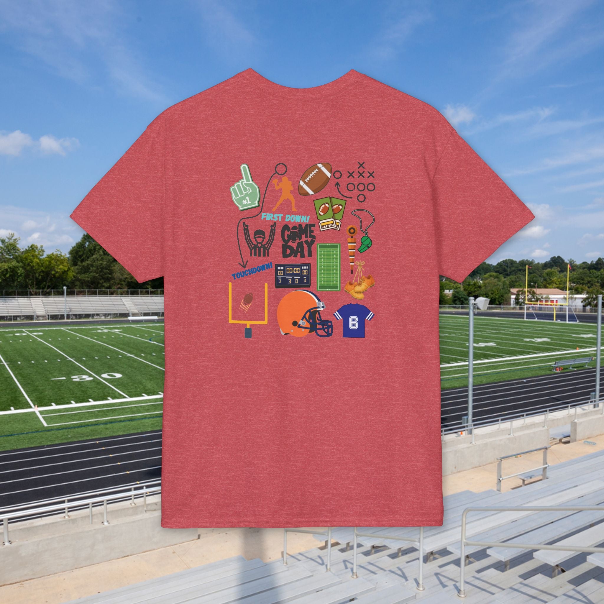 Football Icons Graphic T-Shirt — Back Collage, Front 'Football Fan' Chest Logo