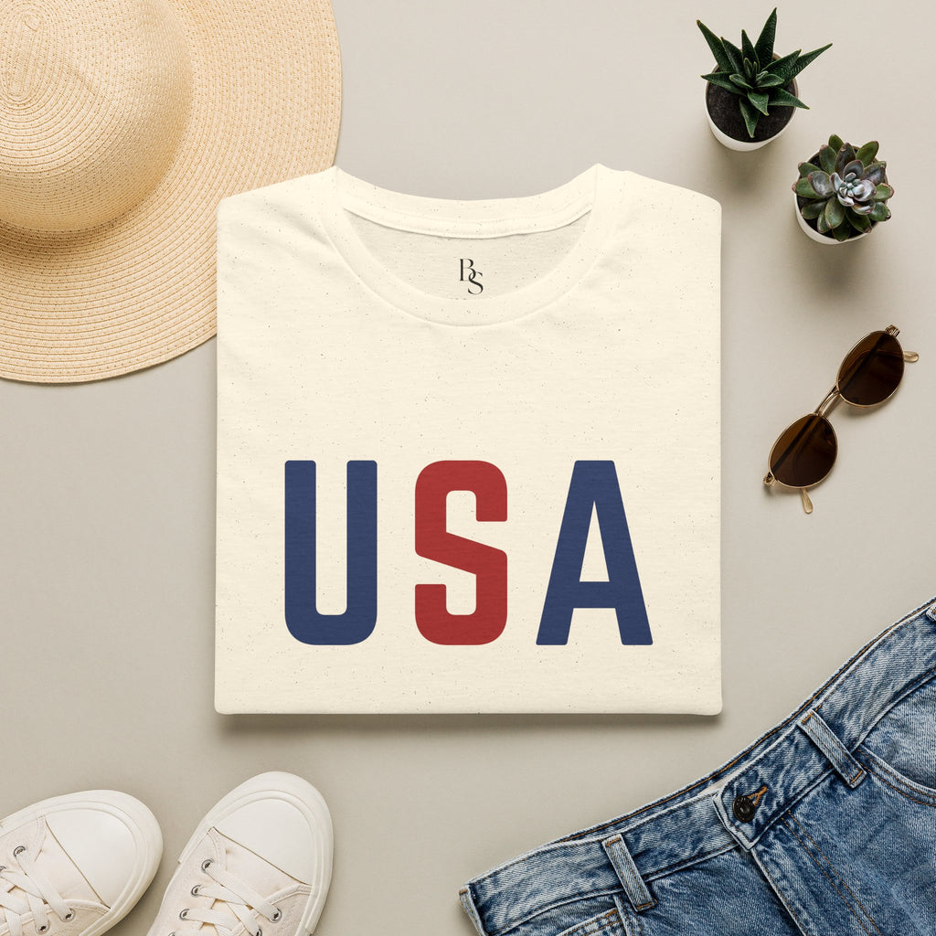 USA Flag Retro T-Shirt — Patriotic Red & Blue Crew Tee for 4th of July