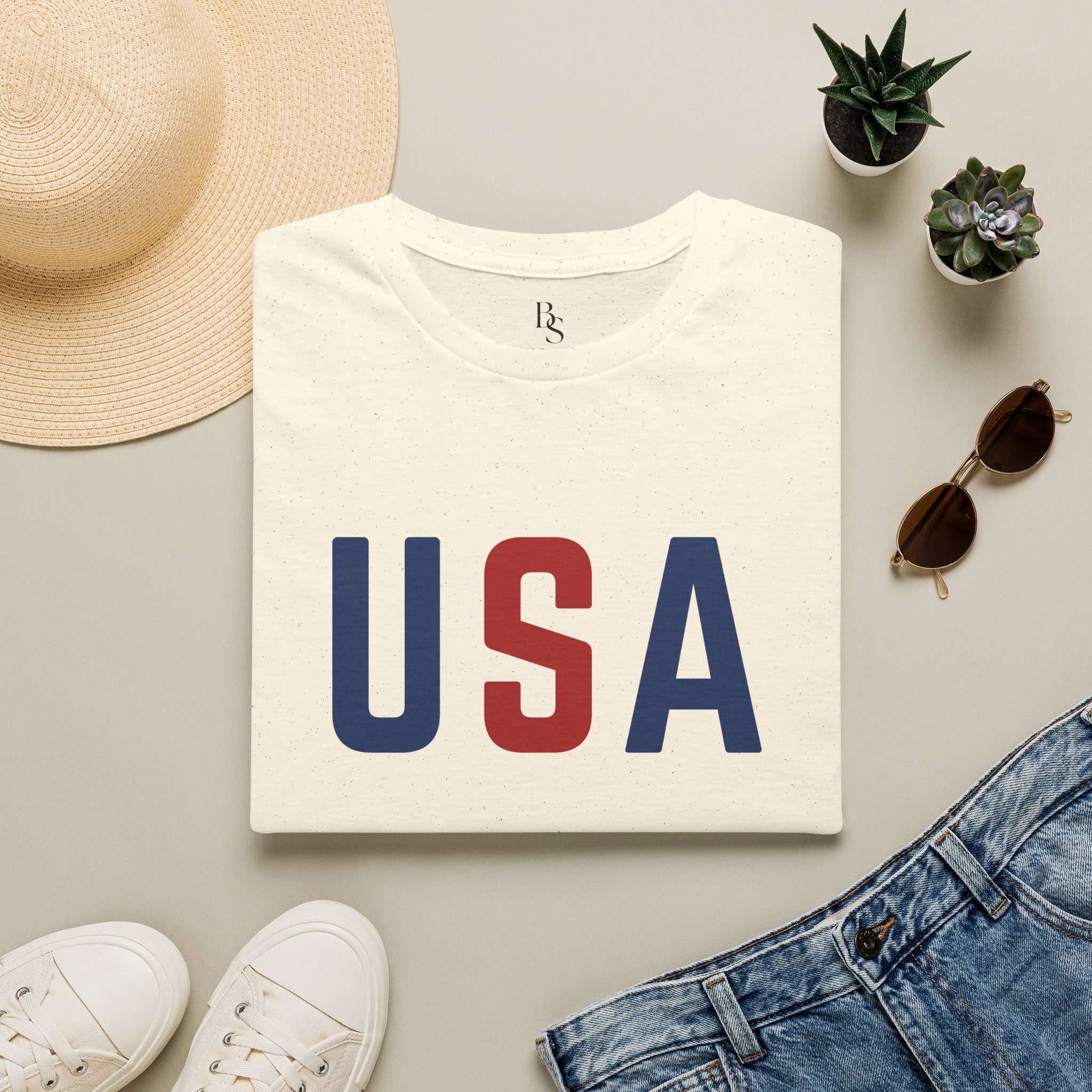 USA Flag Retro T-Shirt — Patriotic Red & Blue Crew Tee for 4th of July