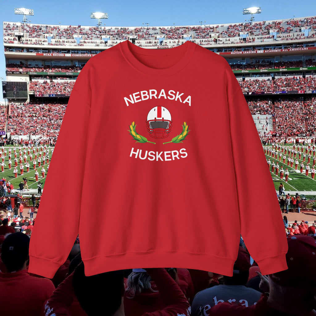 Nebraska Huskers Football Crewneck Sweatshirt – Helmet & Corn Design