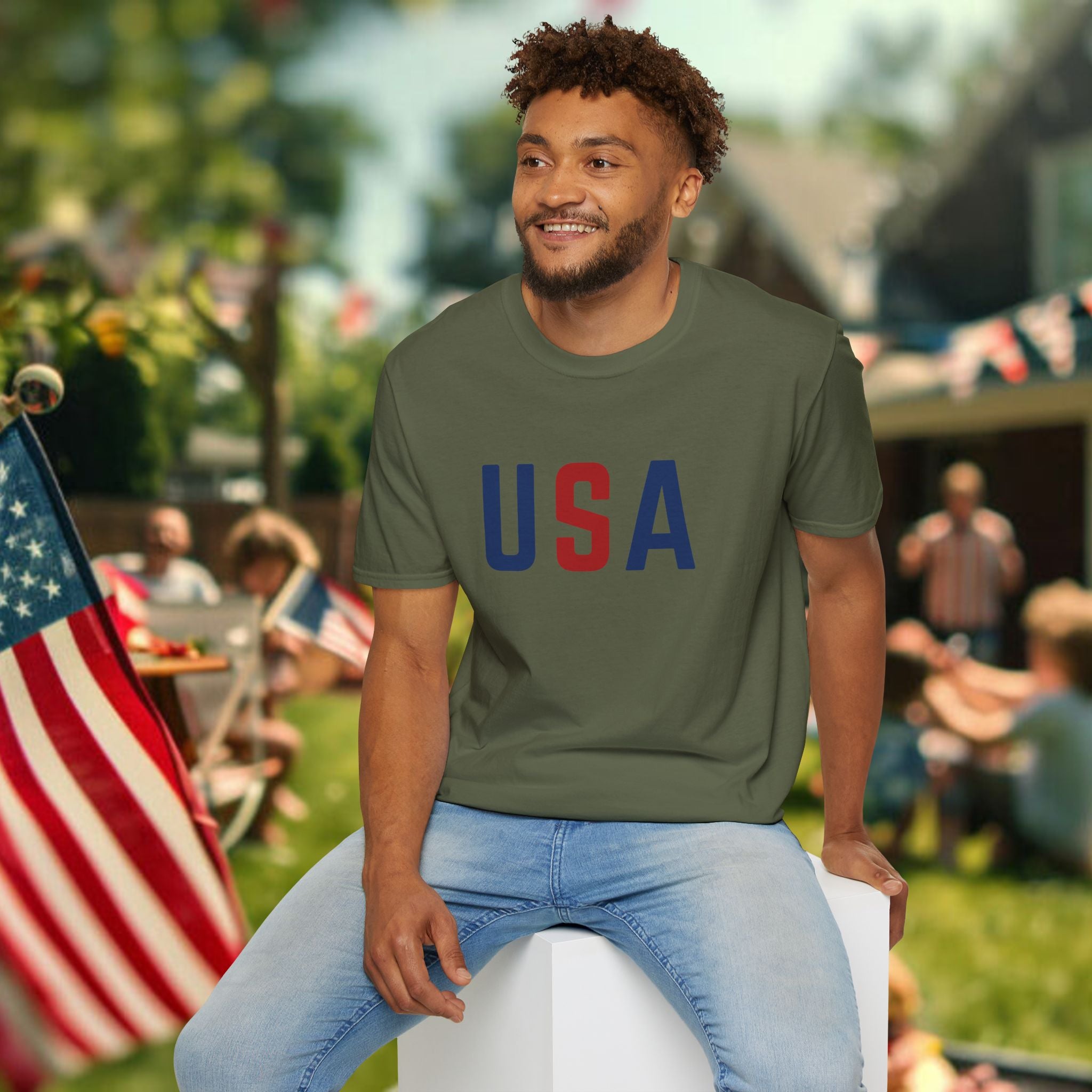 USA Flag Retro T-Shirt — Patriotic Red & Blue Crew Tee for 4th of July