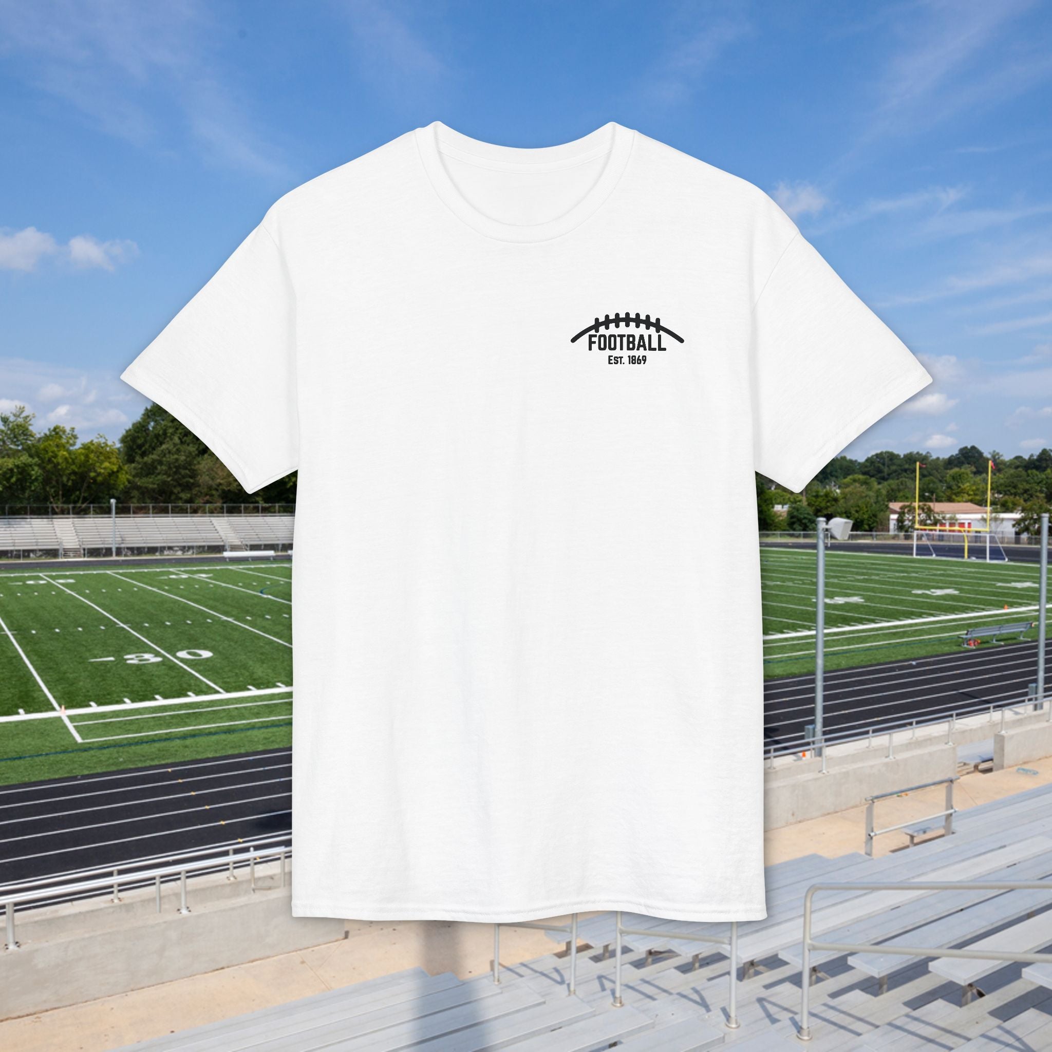 Football Icons Graphic T-Shirt — Back Collage, Front 'Football Fan' Chest Logo