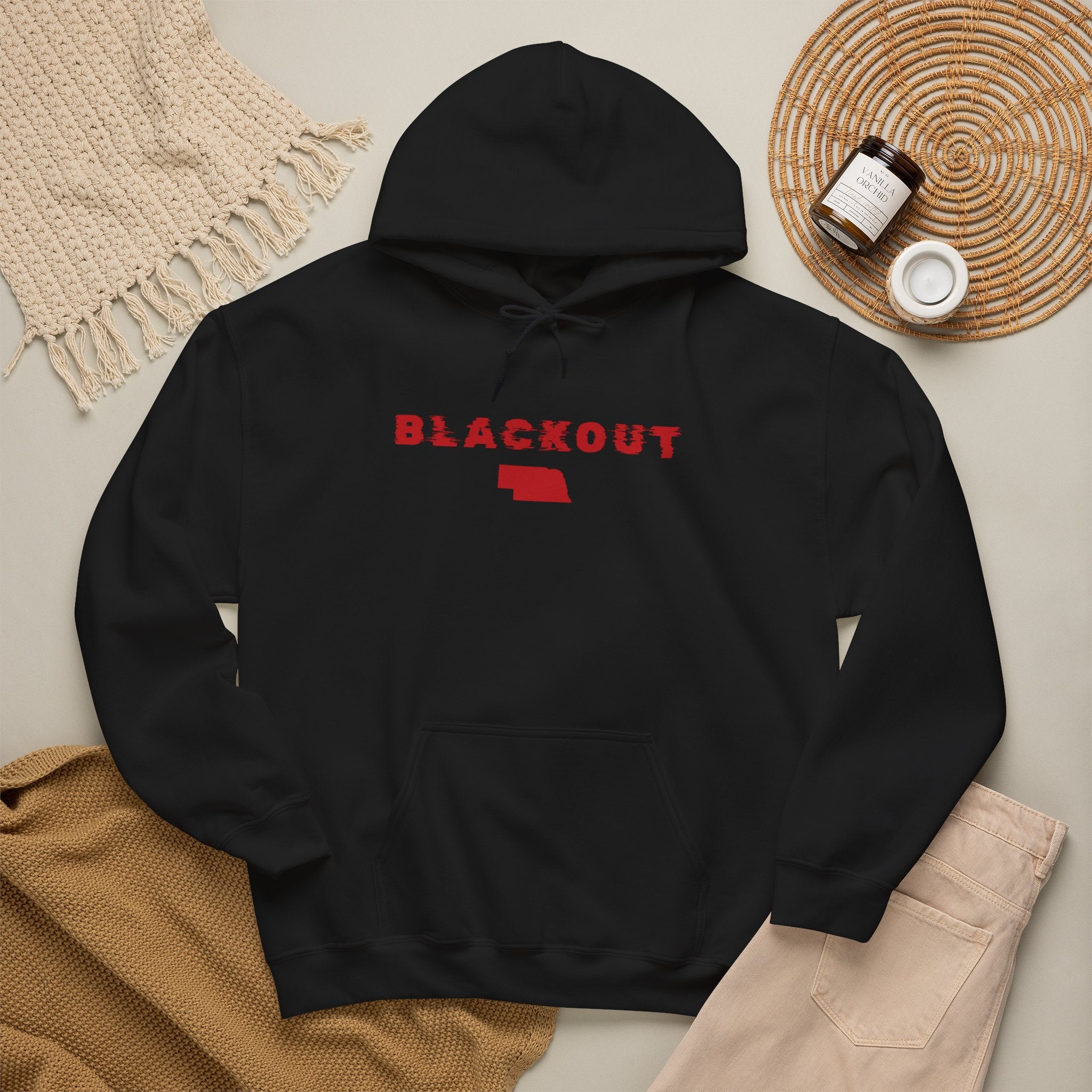 Blackout Nebraska Hoodie — Minimal Red State Outline Pullover