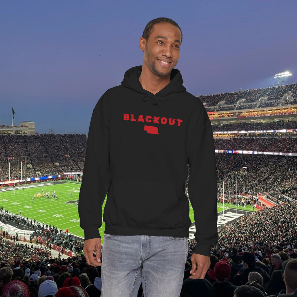 Blackout Nebraska Hoodie — Minimal Red State Outline Pullover