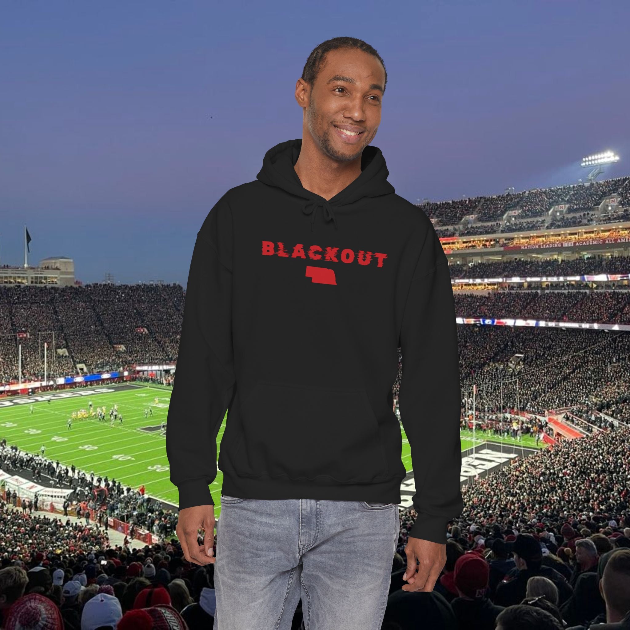 Blackout Nebraska Hoodie — Minimal Red State Outline Pullover