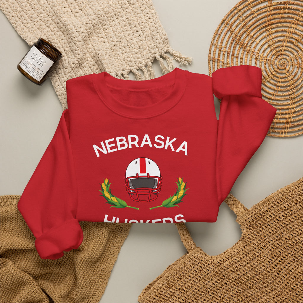 Nebraska Huskers Football Crewneck Sweatshirt – Helmet & Corn Design