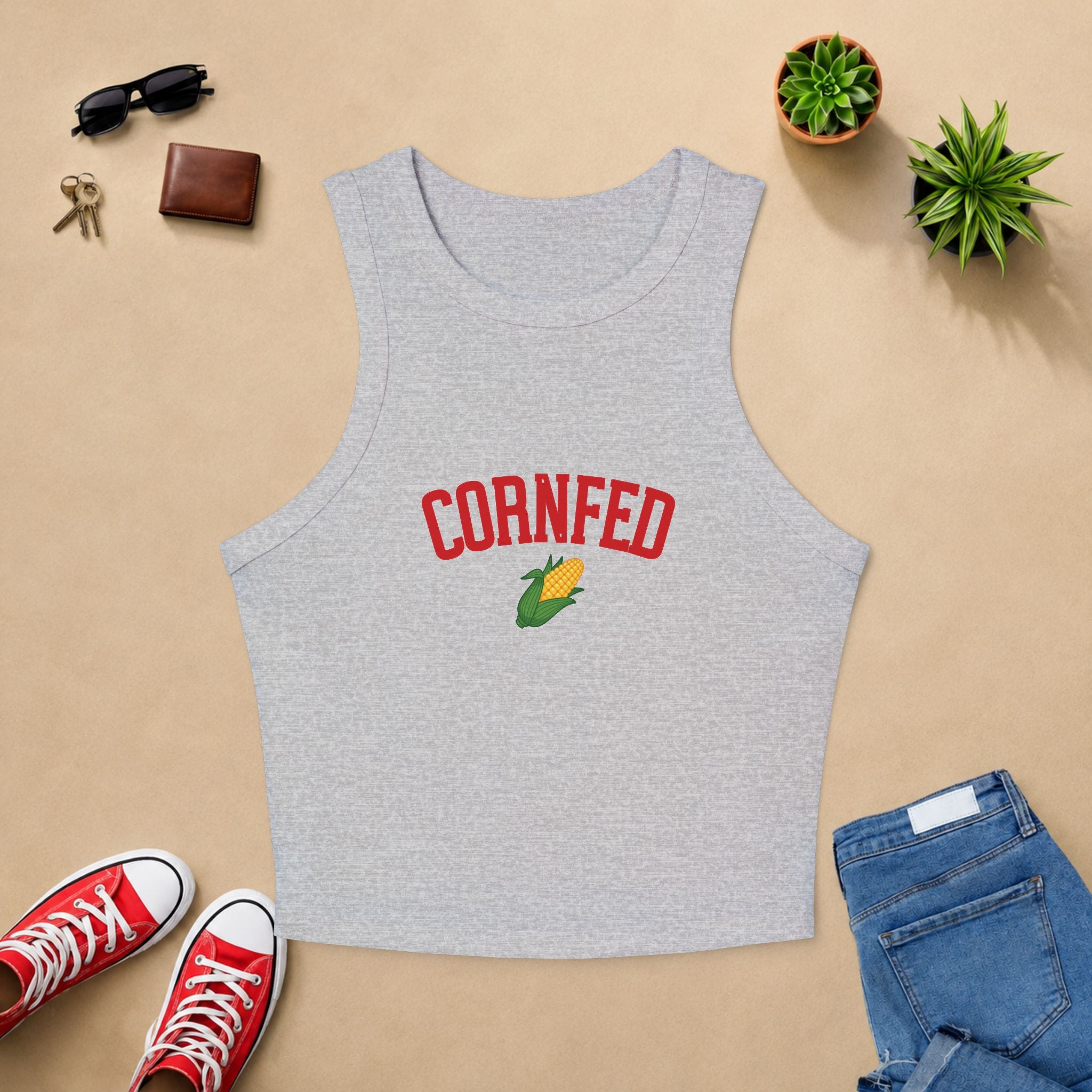 Cornfed Racer Tank Top – Retro Corn Graphic Crop Tank for Women