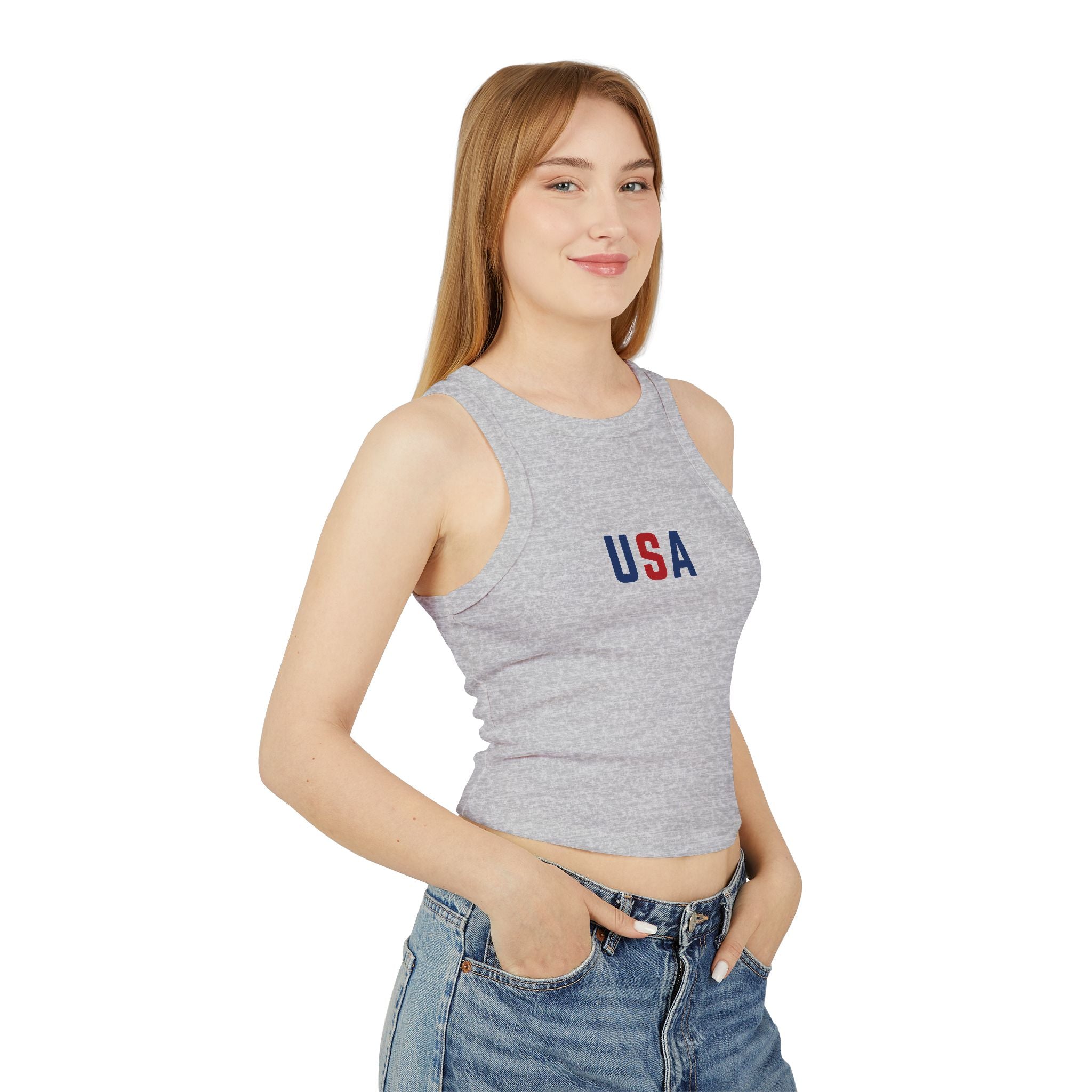 USA Racerback Tank Top — Women's Patriotic Micro Rib Crop