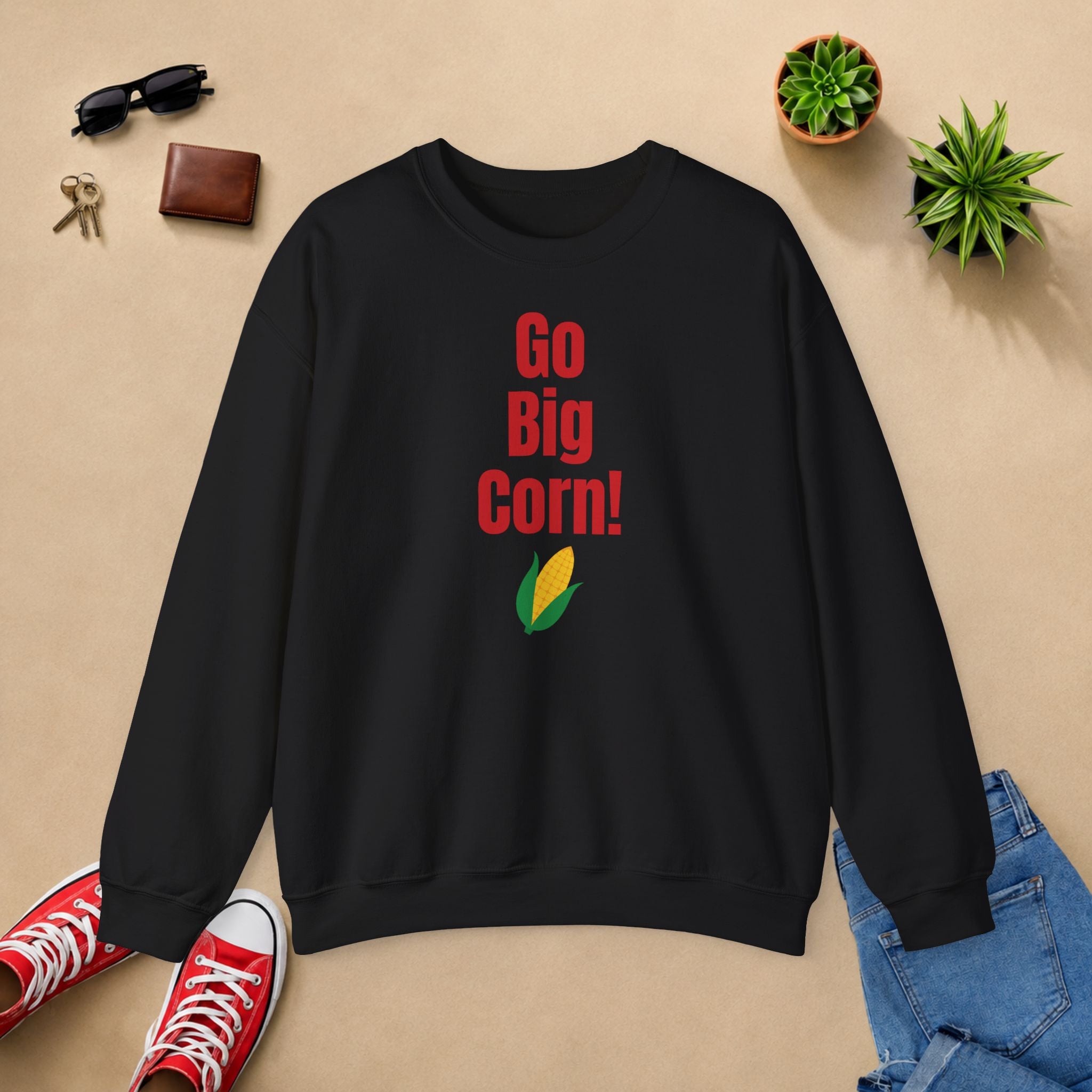 Go Big Corn! Unisex Crewneck Sweatshirt — Funny Corn Graphic Pullover for Corn Lovers & Nebraska Fans