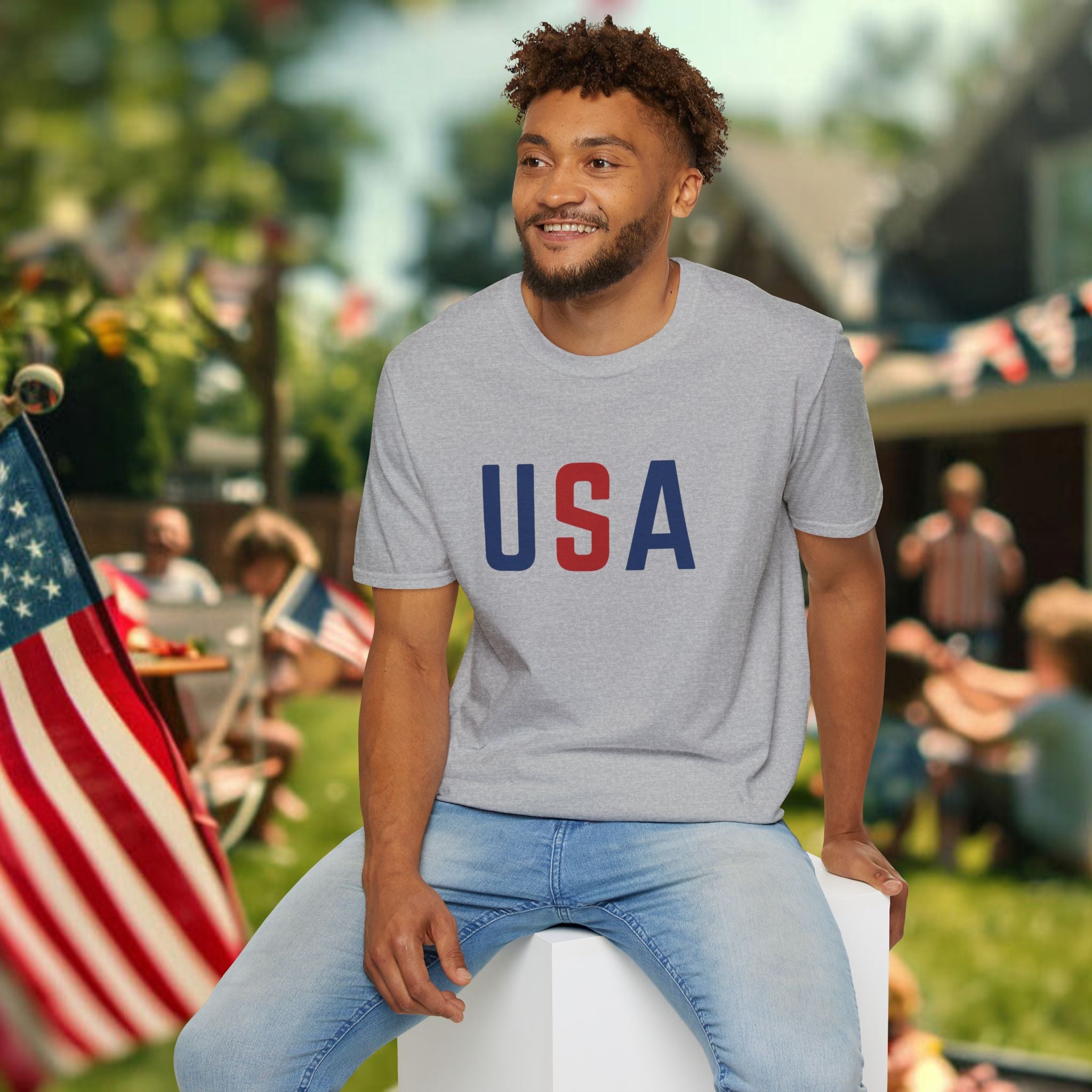 USA Flag Retro T-Shirt — Patriotic Red & Blue Crew Tee for 4th of July