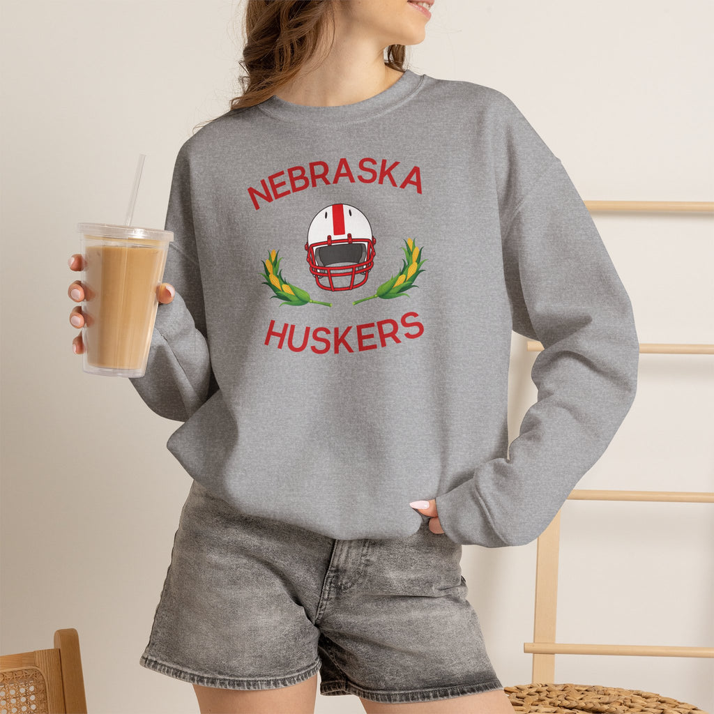 Nebraska Huskers Football Crewneck Sweatshirt – Helmet & Corn Design