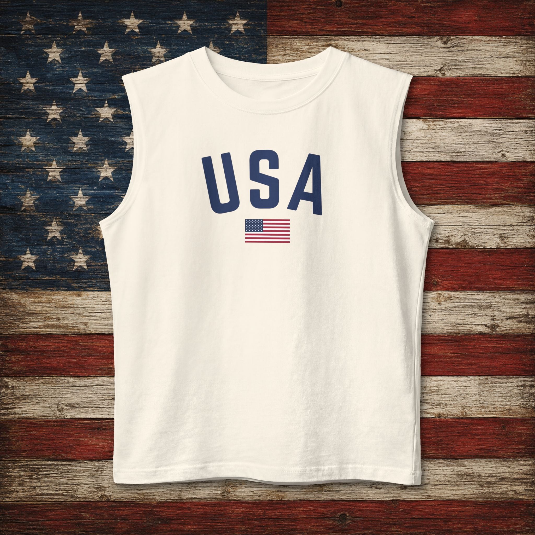 USA Flag Muscle Tank Top — Patriotic Sleeveless Tee for 4th of July & Summer