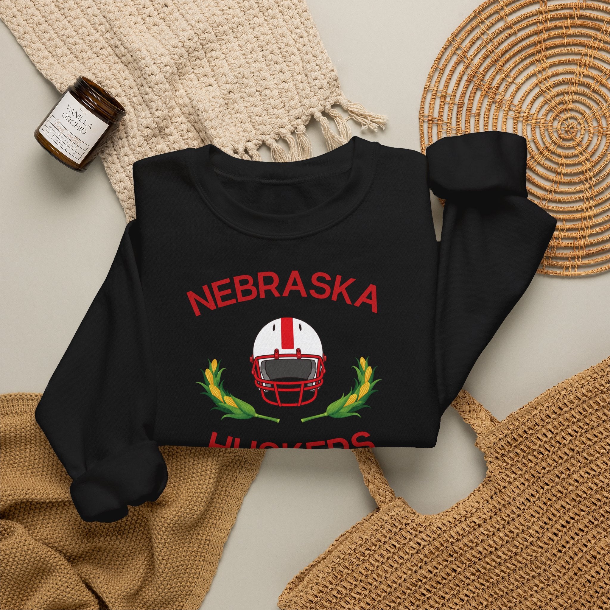 Nebraska Huskers Football Crewneck Sweatshirt – Helmet & Corn Design