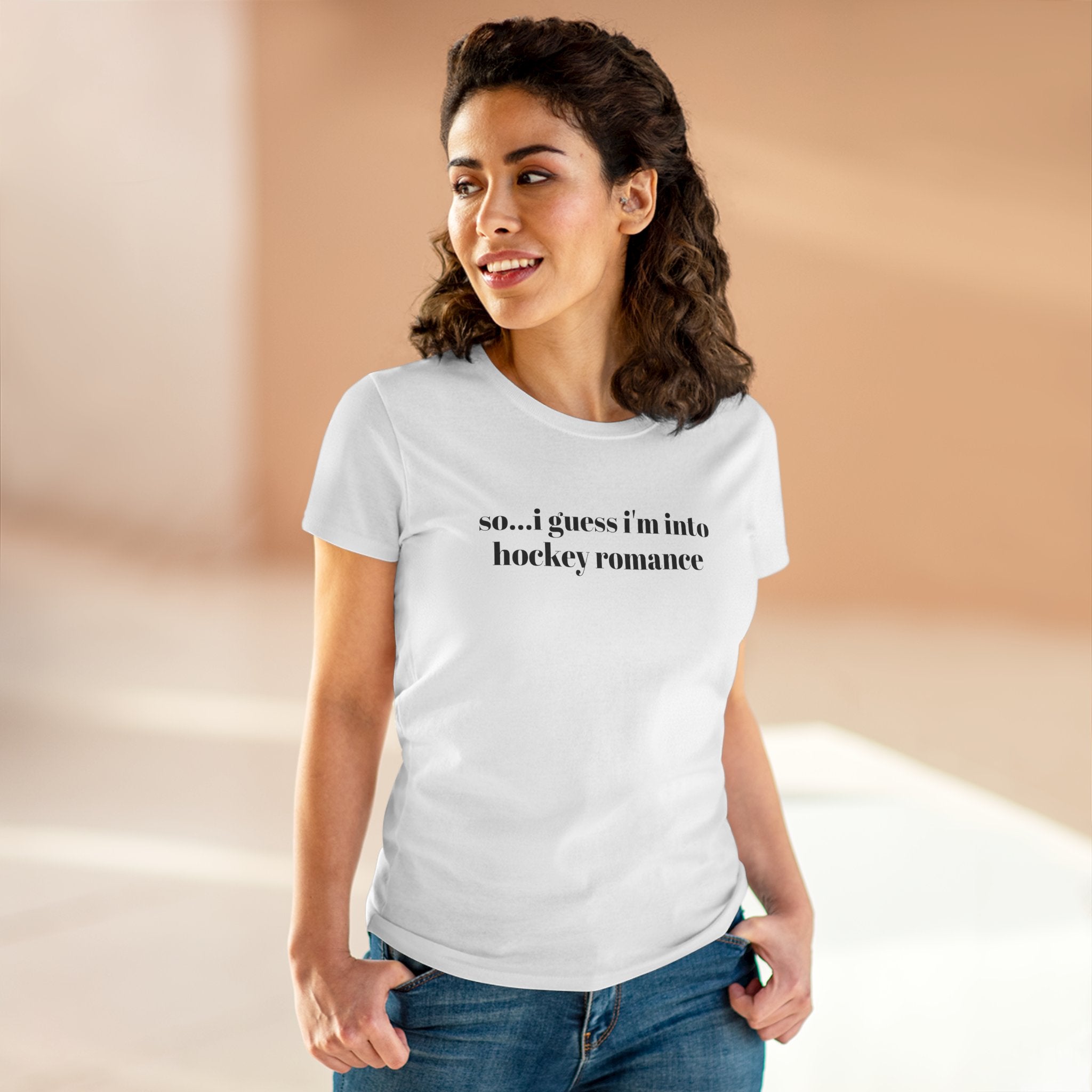 Women's Tee — "so... i guess i'm into hockey romance" Funny Hockey Fan Shirt