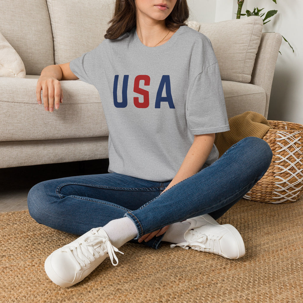 USA Flag Retro T-Shirt — Patriotic Red & Blue Crew Tee for 4th of July