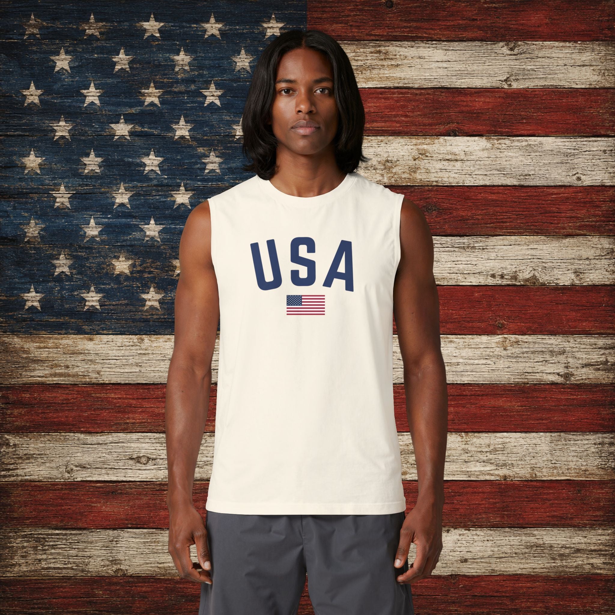 USA Flag Muscle Tank Top — Patriotic Sleeveless Tee for 4th of July & Summer