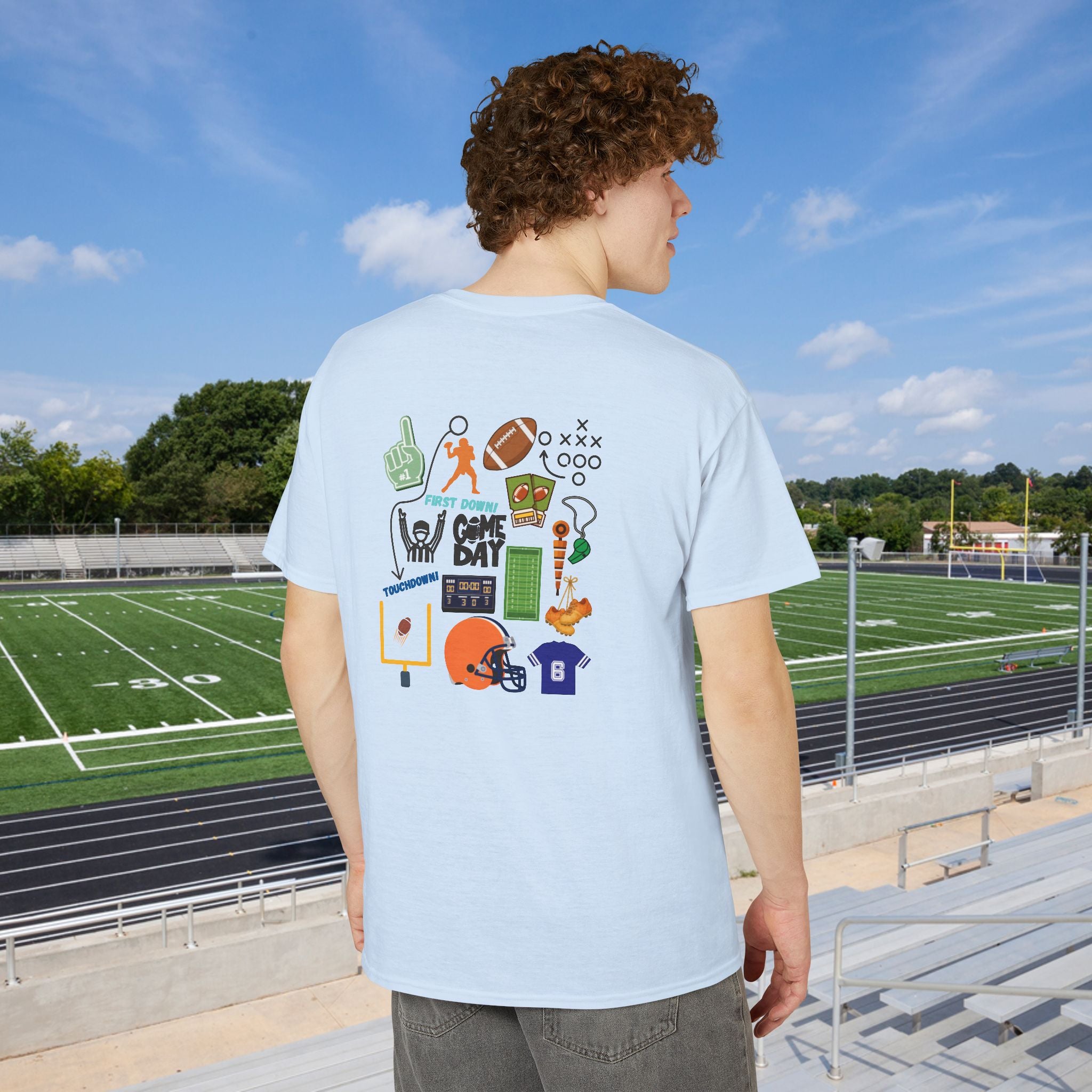 Football Icons Graphic T-Shirt — Back Collage, Front 'Football Fan' Chest Logo