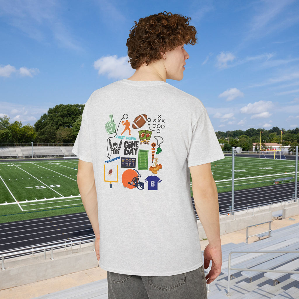 Football Icons Graphic T-Shirt — Back Collage, Front 'Football Fan' Chest Logo