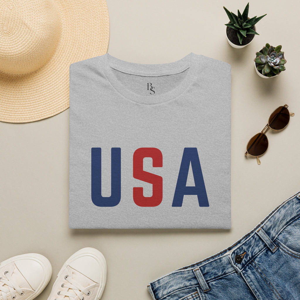 USA Flag Retro T-Shirt — Patriotic Red & Blue Crew Tee for 4th of July