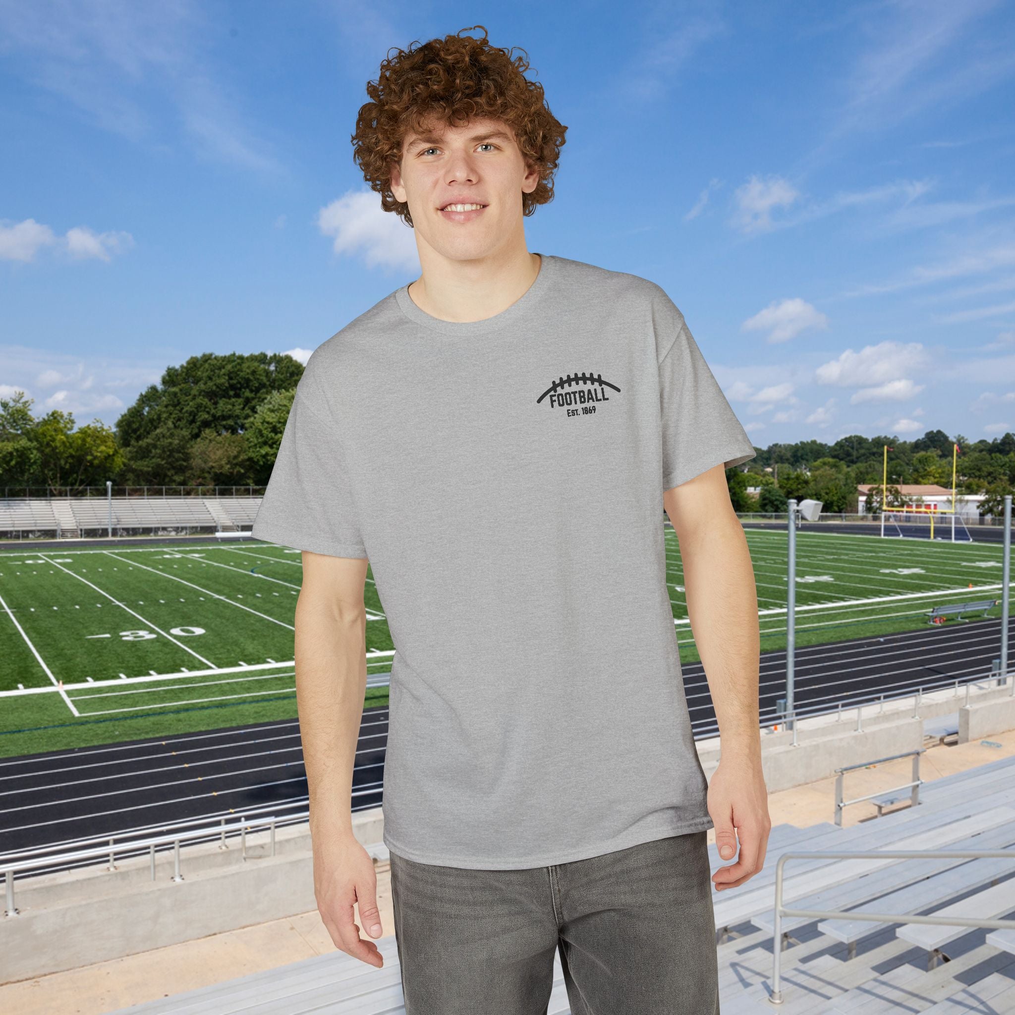 Football Icons Graphic T-Shirt — Back Collage, Front 'Football Fan' Chest Logo