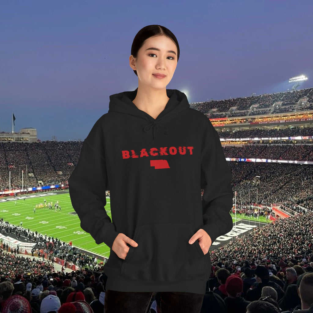 Blackout Nebraska Hoodie — Minimal Red State Outline Pullover