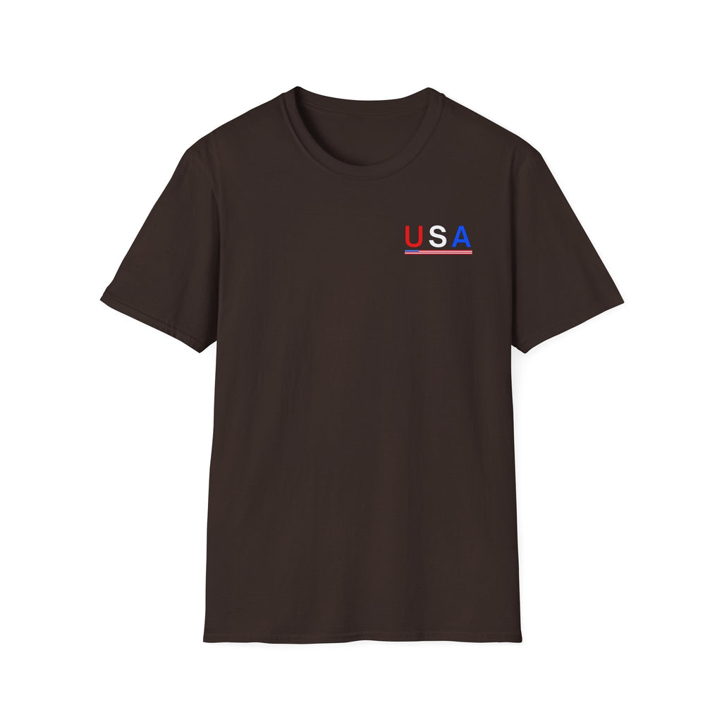 USA Minimalist Flag T-Shirt — Small Chest Logo, Patriotic 4th of July Tee