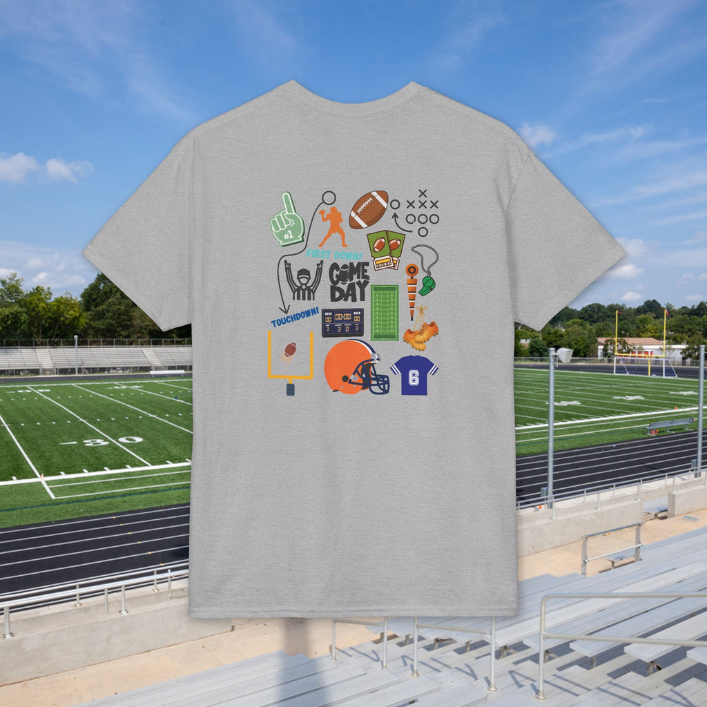 Football Icons Graphic T-Shirt — Back Collage, Front 'Football Fan' Chest Logo