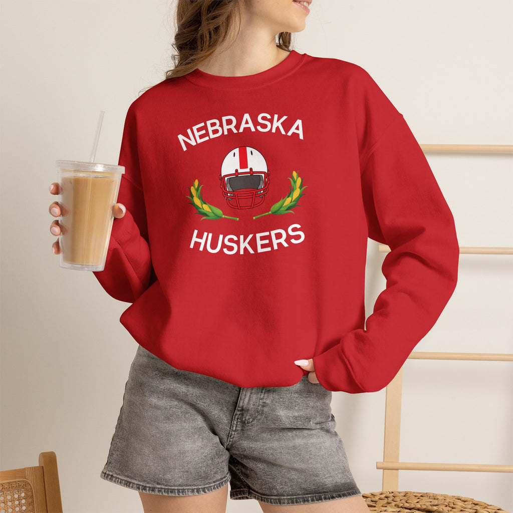 Nebraska Huskers Football Crewneck Sweatshirt – Helmet & Corn Design