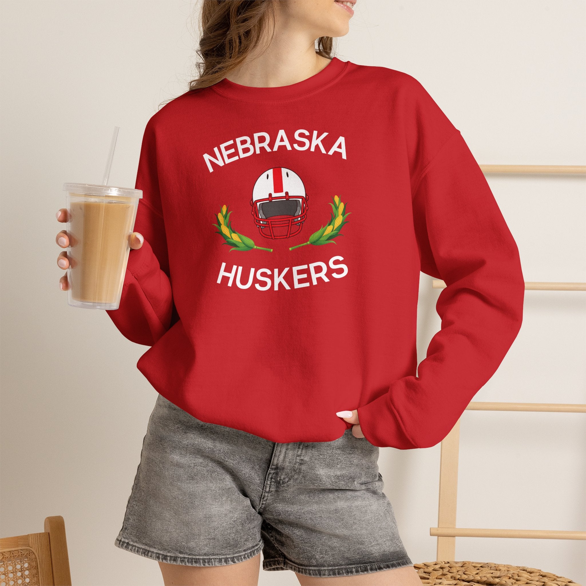 Nebraska Huskers Football Crewneck Sweatshirt – Helmet & Corn Design