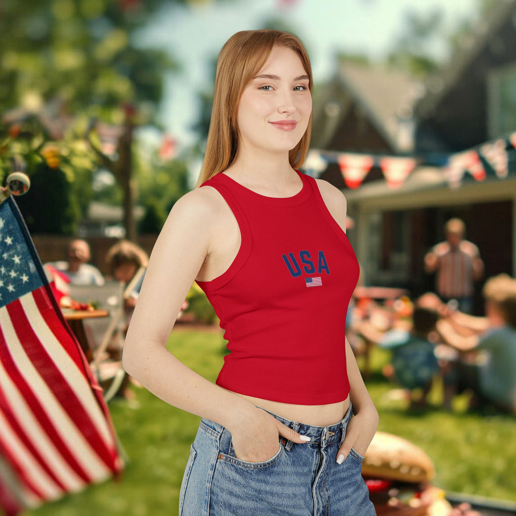 USA Flag Racer Tank Top — Patriotic Women’s Crop Tank for 4th of July