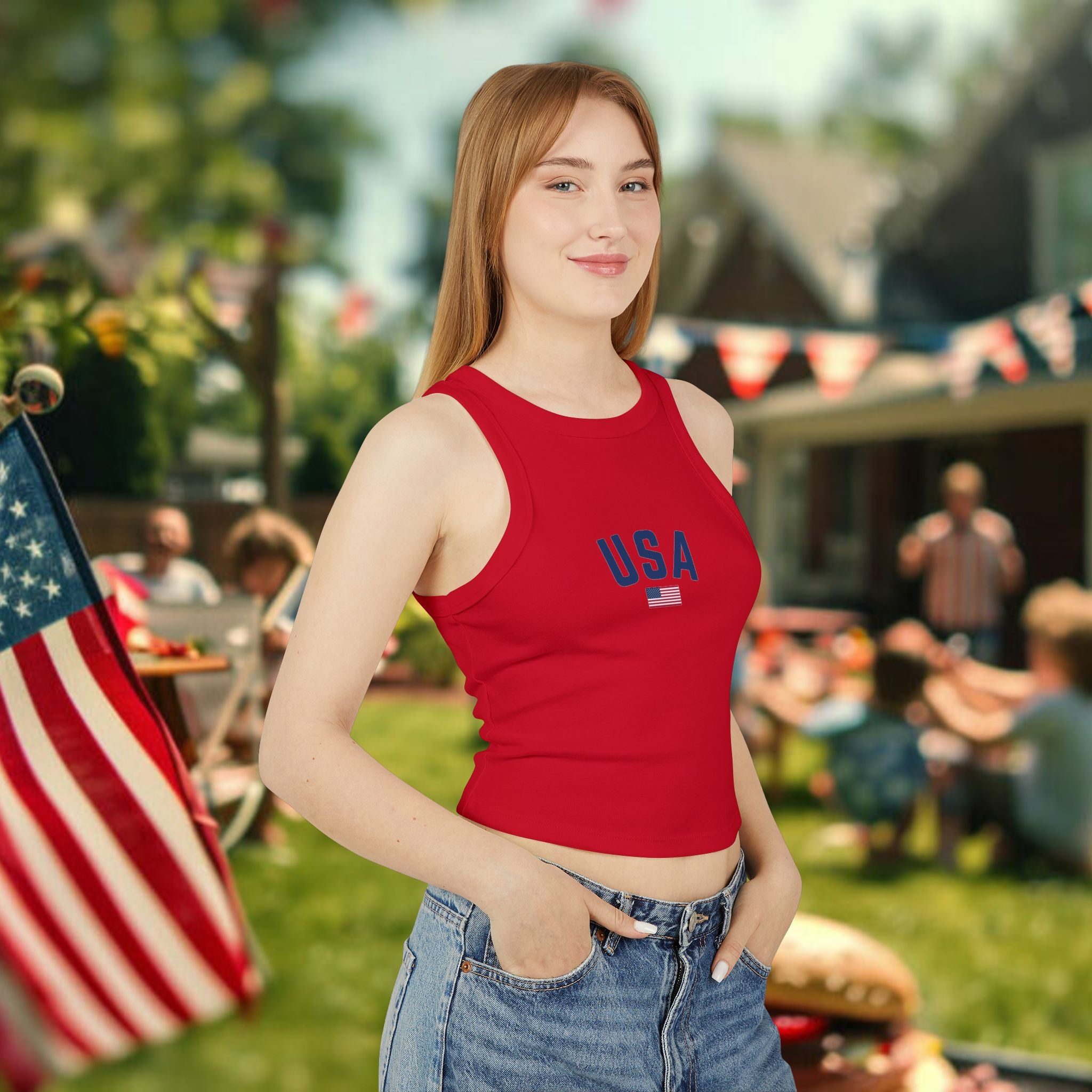 USA Flag Racer Tank Top — Patriotic Women’s Crop Tank for 4th of July