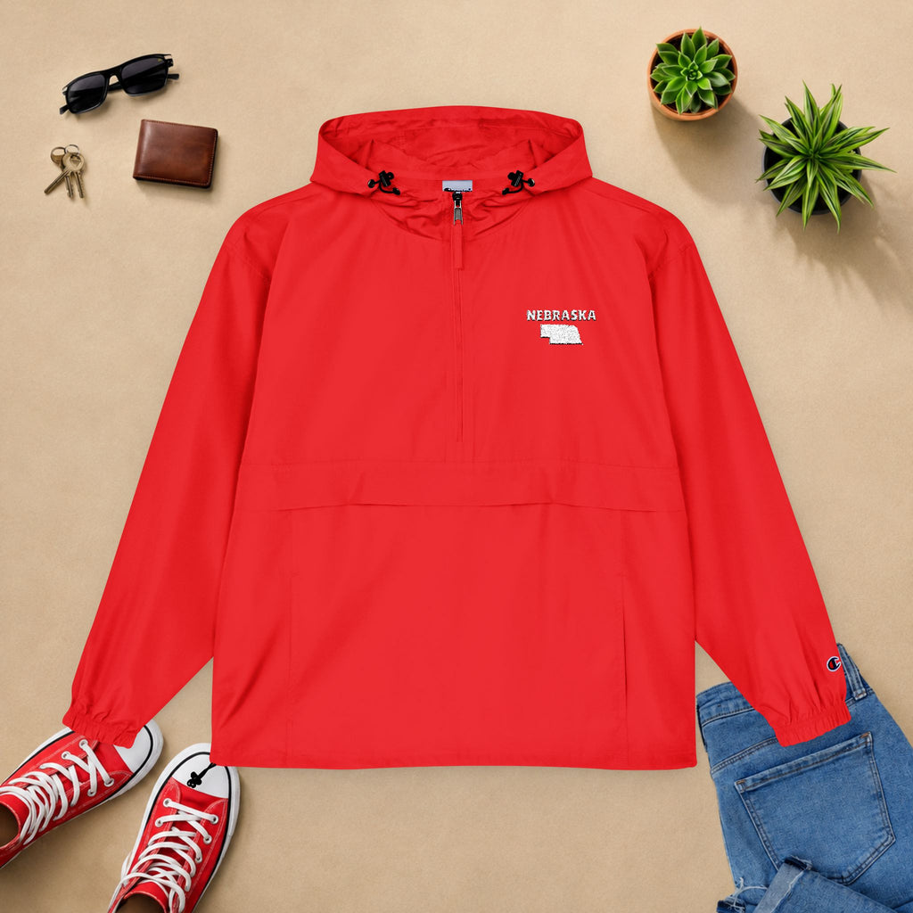 Nebraska Outline Packable Anorak Jacket — Minimal White Logo Windbreaker
