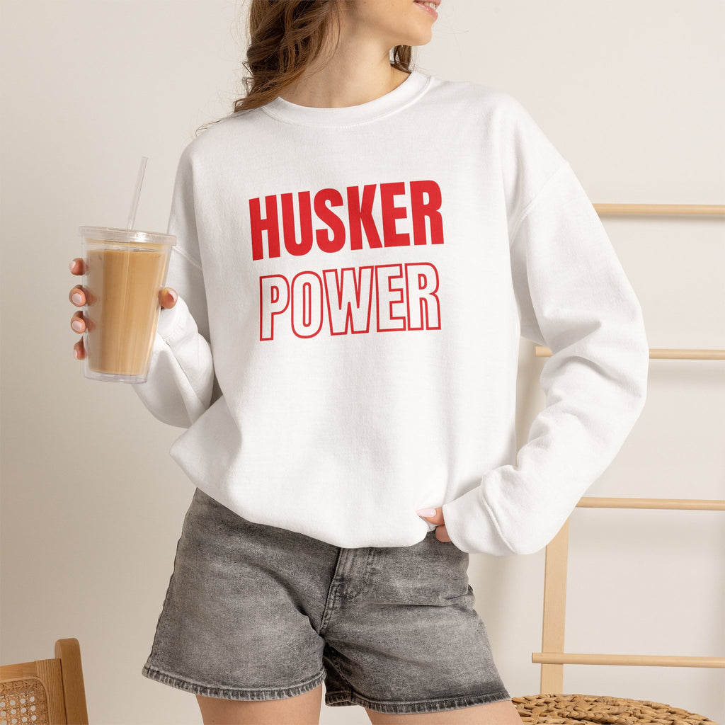 Crewneck Sweatshirt — "HUSKER POWER" Bold Red College Football Fan Pullover