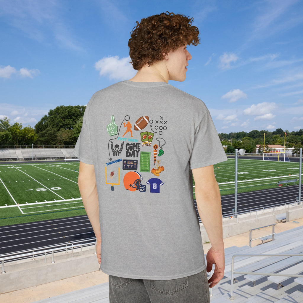 Football Icons Graphic T-Shirt — Back Collage, Front 'Football Fan' Chest Logo