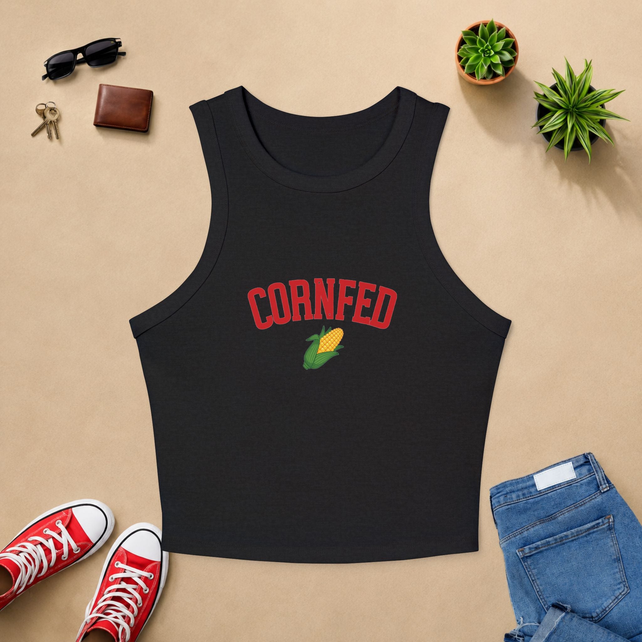 Cornfed Racer Tank Top – Retro Corn Graphic Crop Tank for Women