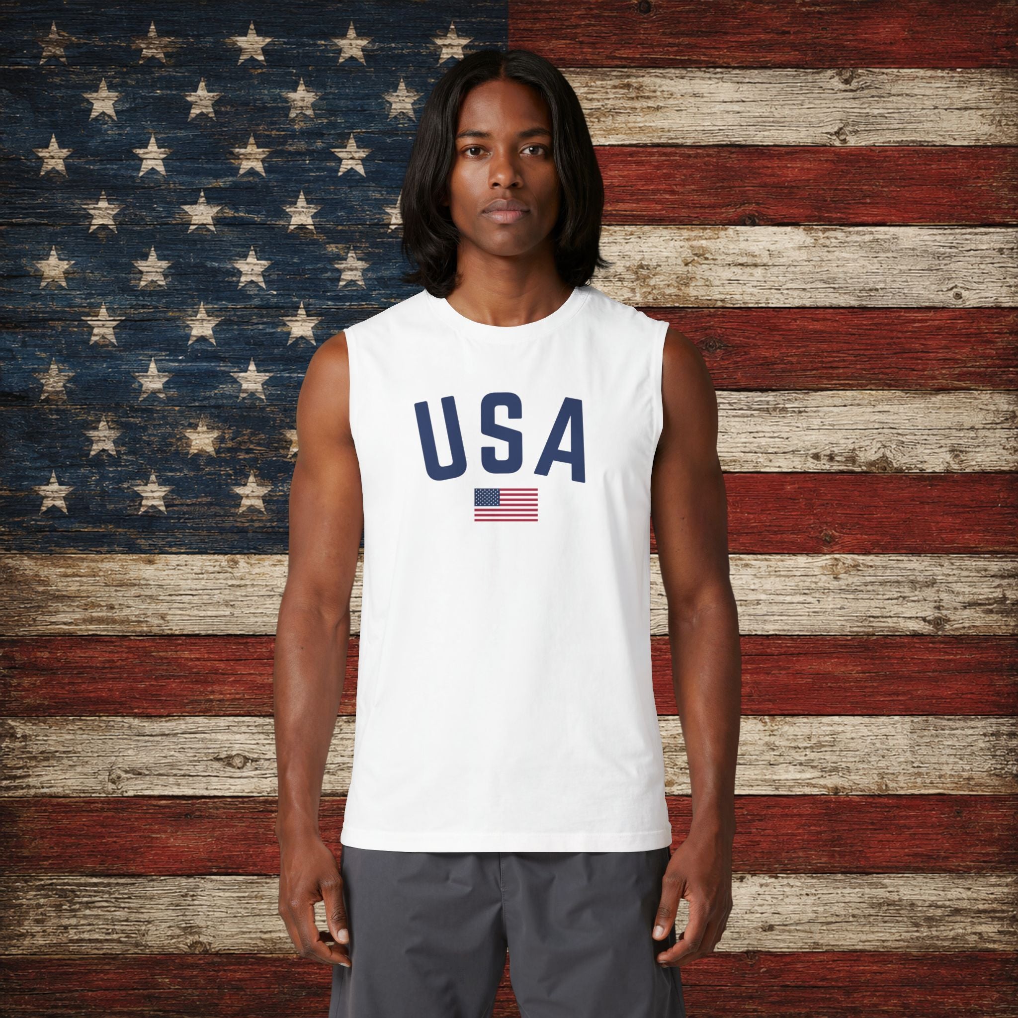 USA Flag Muscle Tank Top — Patriotic Sleeveless Tee for 4th of July & Summer