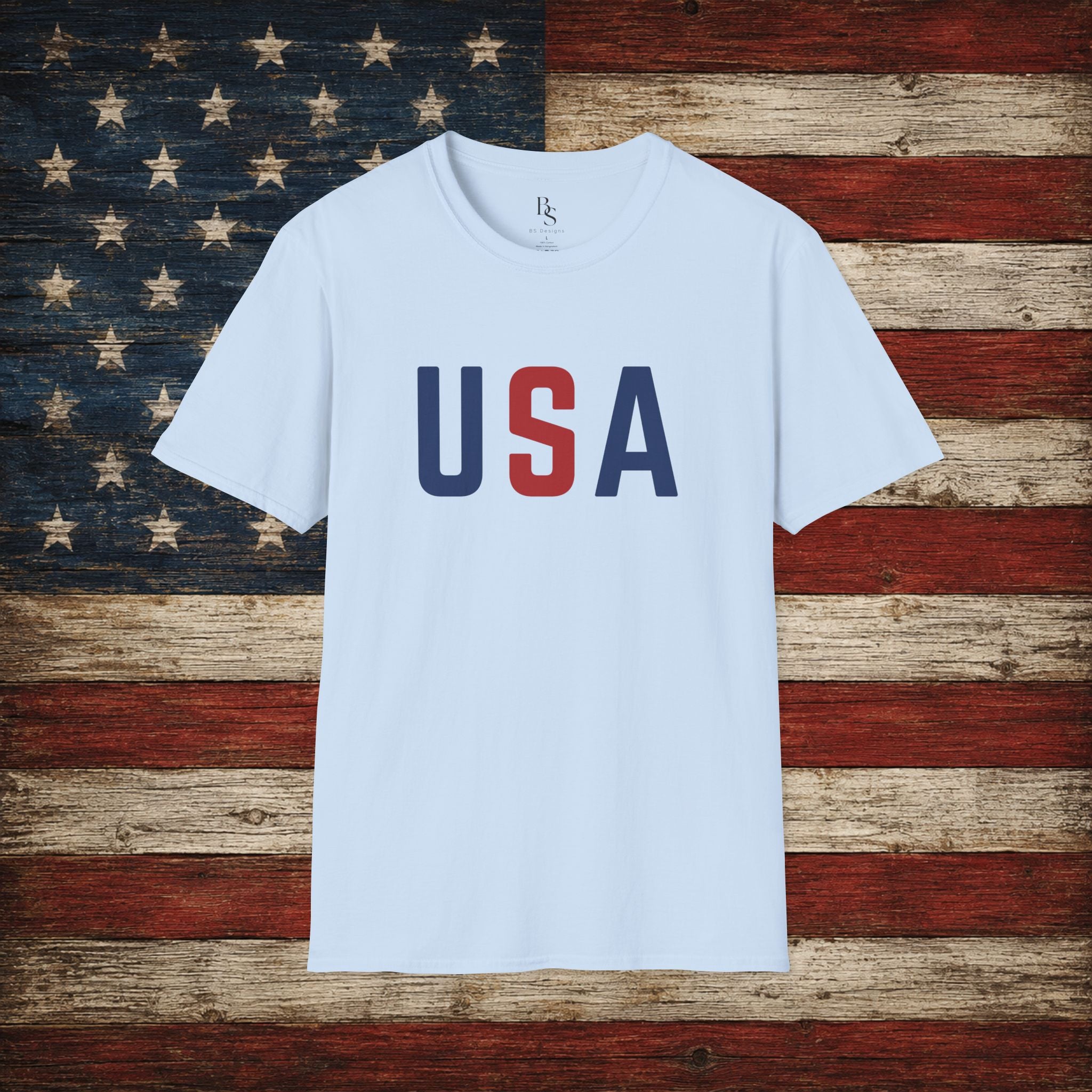 USA Flag Retro T-Shirt — Patriotic Red & Blue Crew Tee for 4th of July