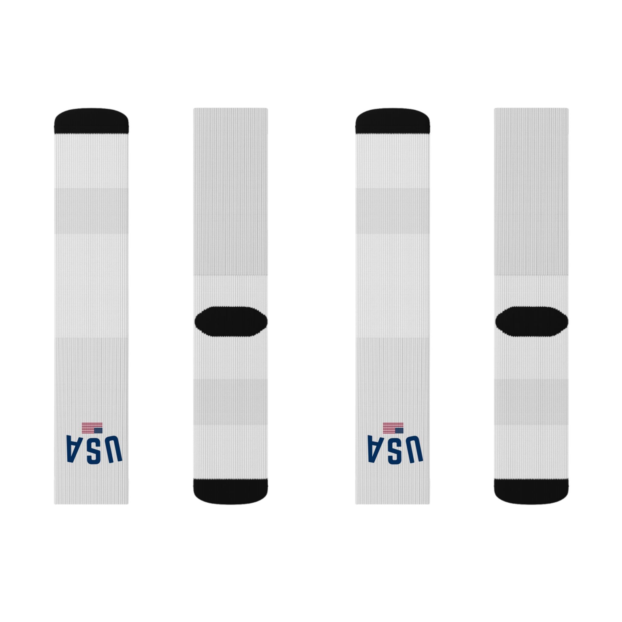 USA Flag Crew Socks | Patriotic Sublimation Socks with "USA" Text