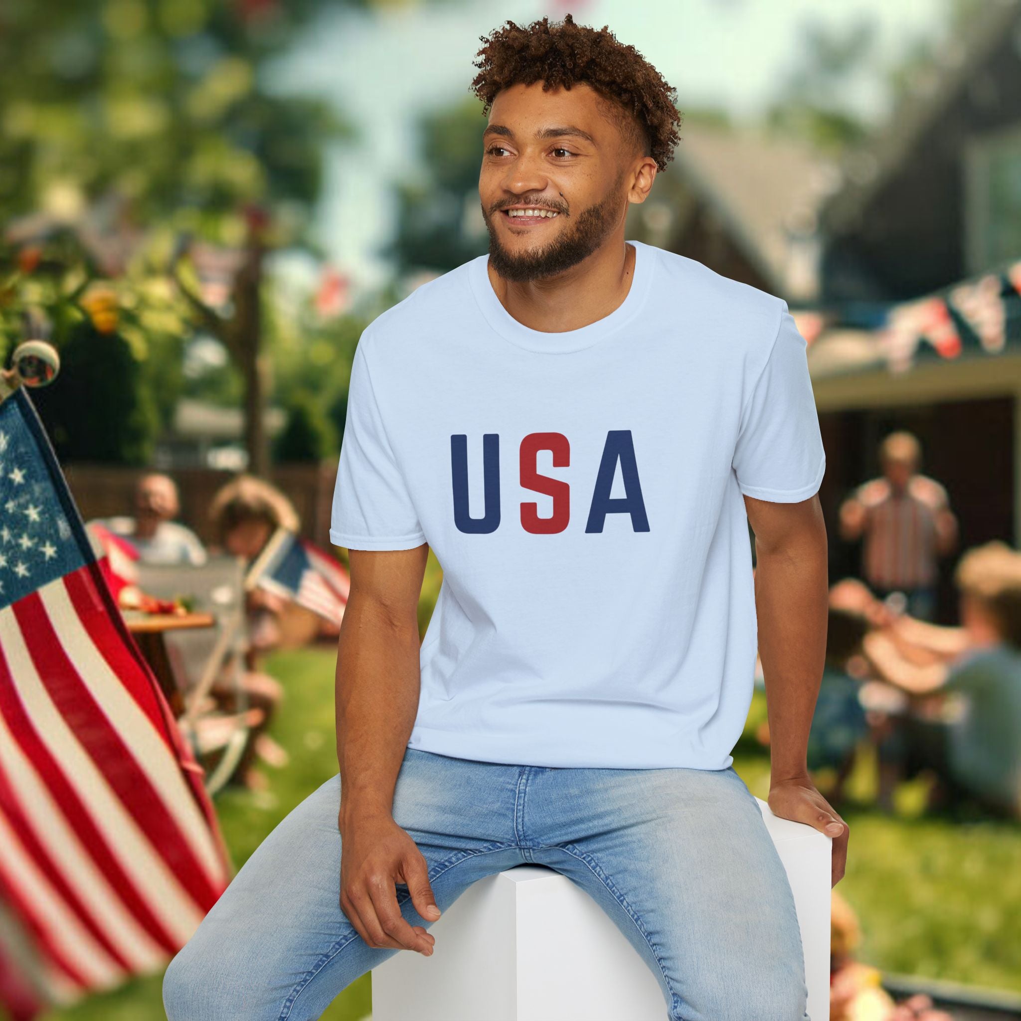 USA Flag Retro T-Shirt — Patriotic Red & Blue Crew Tee for 4th of July