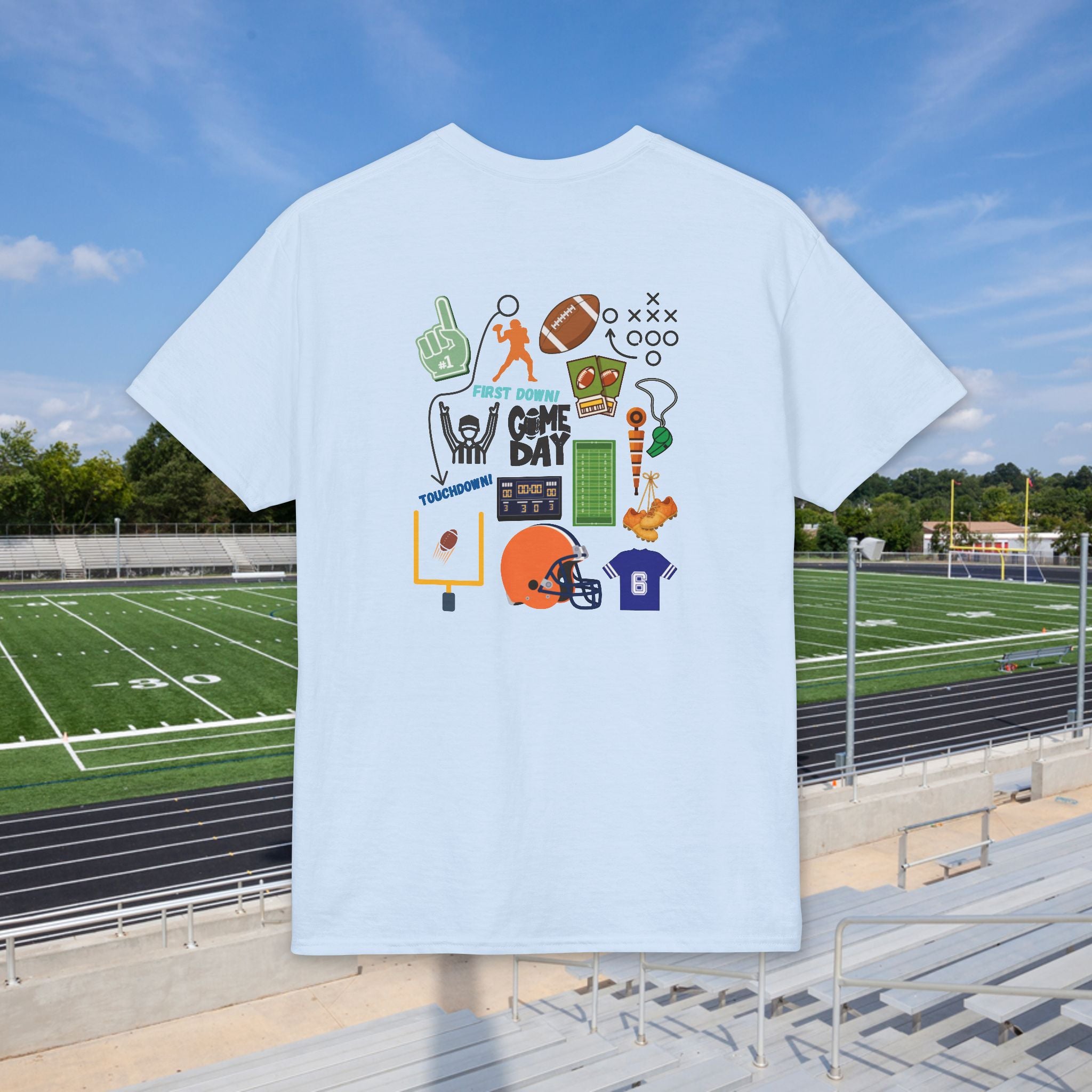 Football Icons Graphic T-Shirt — Back Collage, Front 'Football Fan' Chest Logo